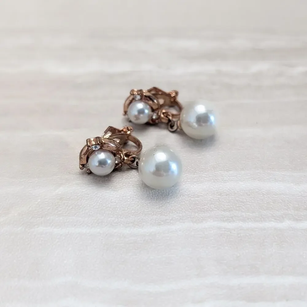 Vintage Clip On Earrings Copper Tone, Faux Pearl, Clear Gem - Condition Issues